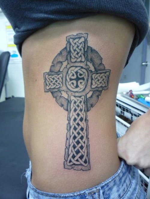 Celtic Cross Black And White Tattoo On Side Rib
